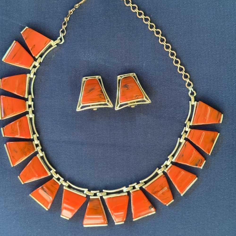Vintage Estate Charel Signed Triangular Shaped Orange Gold Necklace Earring Set